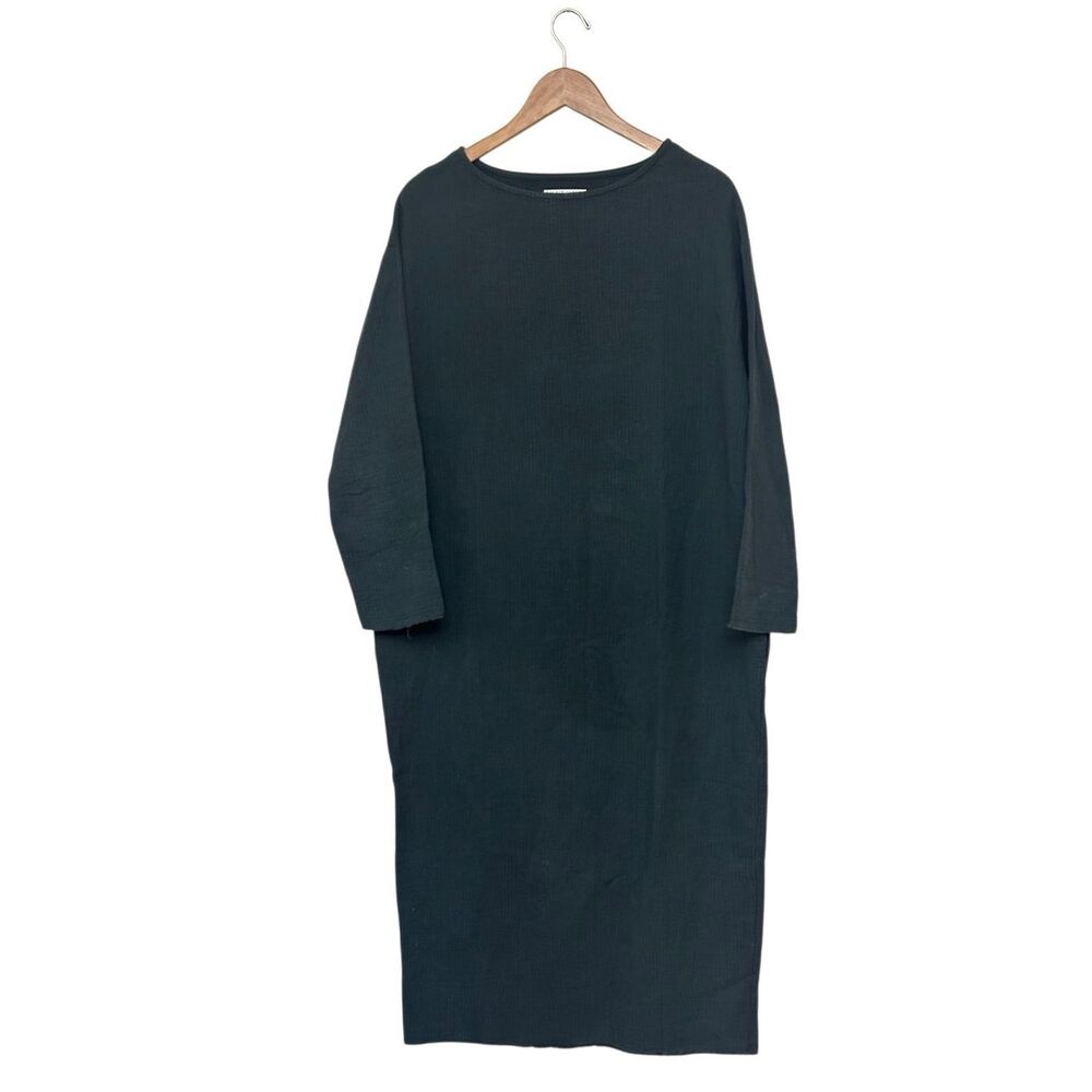 BLACK CRANE Black Quilted Cotton Double Gauze Oversize Raw Hem Maxi Dress